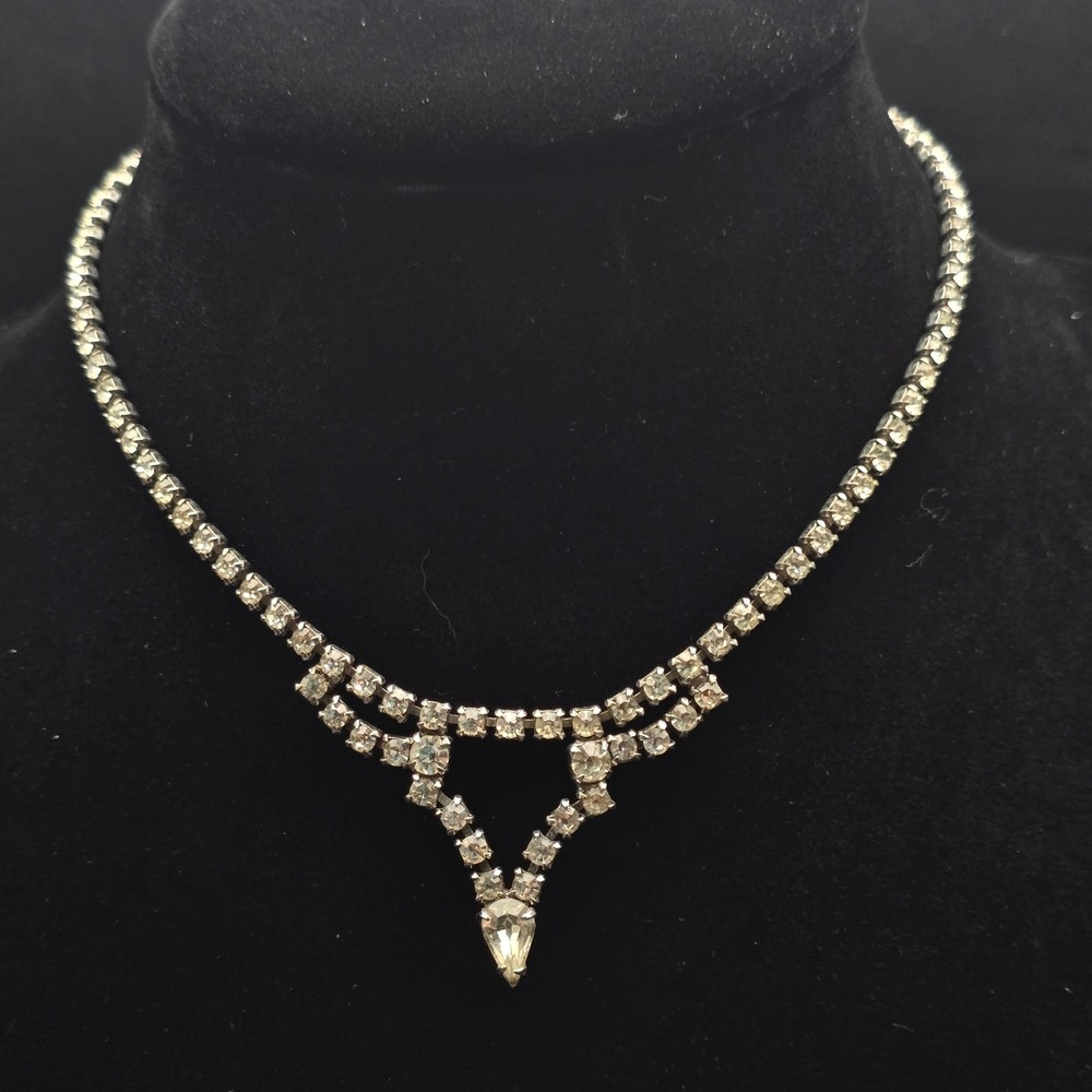 Clear Rhinestone Collar Necklace V Shape Drop Vintage Costume Jewelry